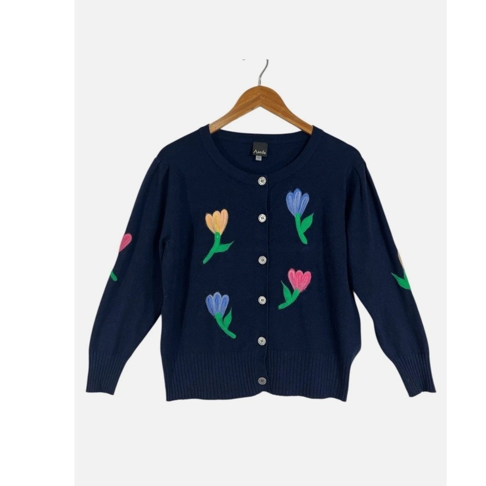 Aaeda Navy Blue Floral Tulip Felted Button Front Cardigan Sweater Womens Medium - Picture 3 of 8